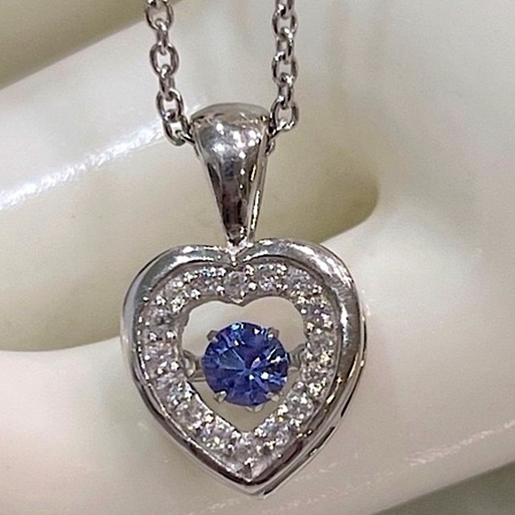 Tanzanite and Zircon Sunken Heart Pendant Necklace
